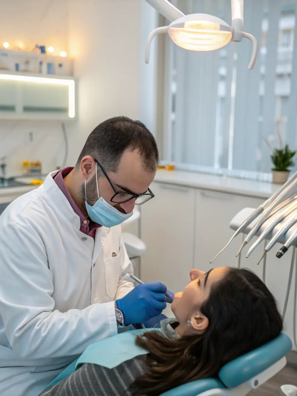 A modern dental clinic with advanced equipment and a friendly dentist examining a patient, showcasing the Dental Care services offered by Ferdows Medical Center.